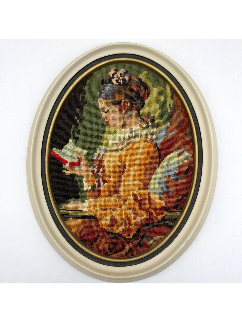 Vintage Framed Needlepoint Art Young Girl Reading Fragonard Oval Wall Decor 7x9